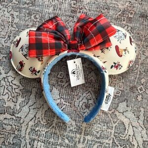 Disney Minnie Mouse Headband with Red and Cream Plaid Bow - Christmas